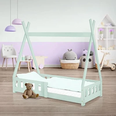 Immagine di ML Design Lettino per Bambini Teepee con Sponde Protezione Anticaduta Recinzione Rete a Doghe 70 x 140 cm Letto Tenda Indiana da Gioco in Legno di Pino Massiccio Menta Cameretta Casa