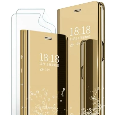 Immagine di MLOTECH Cover per Samsung S20 Ultra,custodia+protezione schermo [2 pezzi] Flip Clear View Traslucido Specchio Standing 360Cover antiurto Smart Bumper Golden