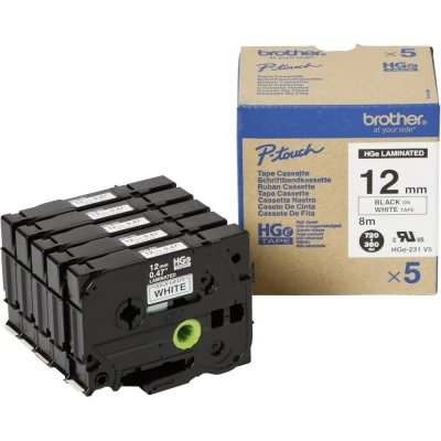 Immagine di Brother HGe 231V5 Cassetta nastro Kit da 5 Colore Nastro: Bianco carattere: Nero 12 mm 8 m