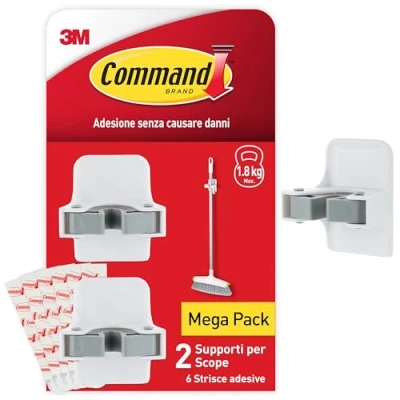 Immagine di Command Gancio Porta Scopa da parete, 2 Ganci e 6 Strisce Adesive ottimi per Appendere Scope Spazzole senza Forature o Danneggiare il Muro