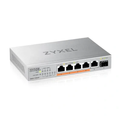 Immagine di Zyxel 5 Port PoE 2.5G Multi Gig Unmanaged Switch @ 70W con 4 x PoE++(60W) 1 10G SFP+ montaggio da tavolo o a parete [XMG 105HP]
