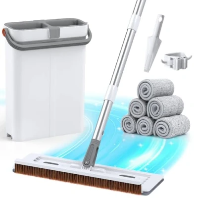 Immagine di Euqvunn Mocio Lavapavimenti e Secchio per la Pulizia dei Pavimenti con 6 Tamponi in Microfibra, Mop Lavabile Strizzabile, Raschietto, Porta Scopa 40 x 12 135 cm