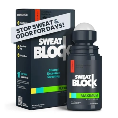 Immagine di SweatBlock Antiperspirant Roll on Max Clinical with DRIBOOST [PM] Treat Hyperhidrosis, Excessive Sweat &amp; Odor, Up to 7 Days Control Per Use Unisex 1.2 FL OZ