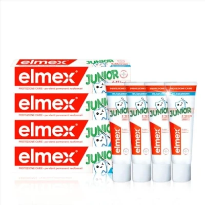 Immagine di elmex Dentifricio Junior 6 12 Anni per Bambini 4x75ml con Fluoruro Amminico Protegge i Denti Dei Bimbi dalla Carie Anticarie Permanenti 0% Coloranti