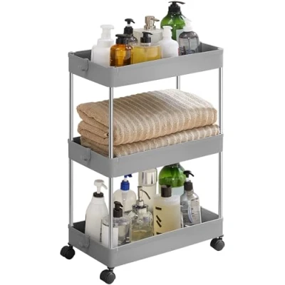 Immagine di SONGMICS Carrello Portaoggetti a 3 Ripiani, Scaffale con Ruote, Carrellino Salvaspazio per Cucina Bagno Ufficio, 40 x 22 60 cm, Grigio KSC009G01