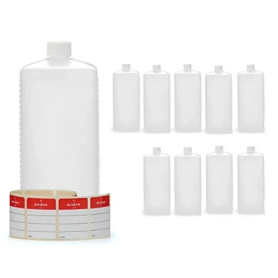 Immagine di Octopus 10 x 1000 ml Bottiglie in plastica, plastica HDPE con Tappi a Vite Bianco, vuote coperchi quadre Etichette compilabili Incluse