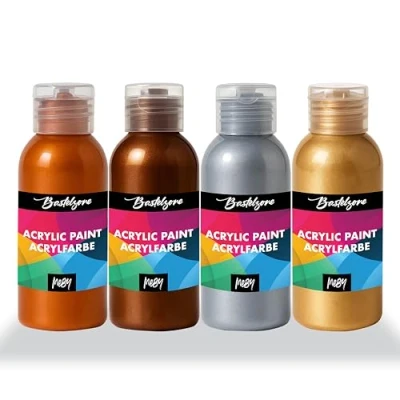 Immagine di Set di 4 Colori acrilici metallizzati da 100 ml. per pittura: oro, argento, rame e argento anticato. Adatto carta, tela, legno, pietra, tessuto, metallo x ml (metallizzato)