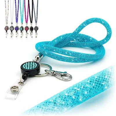 Immagine di CKB LTD Cordino da collo blu chiaro con strass e gemme di cristallo glitterate, clip girevole in metallo scintillante bobina retrattile porta badge, 1 pezzo