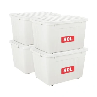 Immagine di Cetomo Contenitore portaoggetti in plastica bianca 80L* 4 con coperchio durevole e fibbie di chiusura sicura, impilabile annidabile, confezione da fibbia