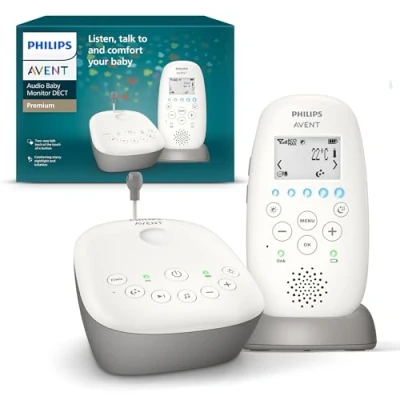 Immagine di Philips Avent DECT Audio Baby Monitor con luce notturna dotata di proiettore stelline, comunicazione bidirezionale, portata 330 m, autonomia wireless fino a 24 ore, modalità notturna, SCD733/26
