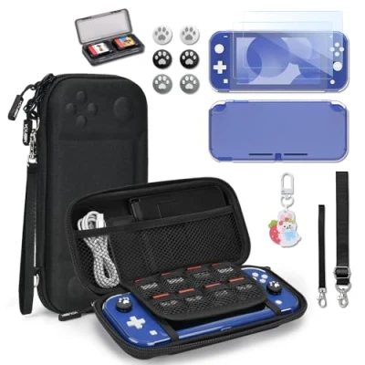 Immagine di Younik Custodia Switch Lite, Bundle di Accessori Lite 14 in 1, Protettiva Trasparente, per Carte Gioco, 2 Proteggi Schermo, 6 Grip il Pollice, Ciondolo, Nero
