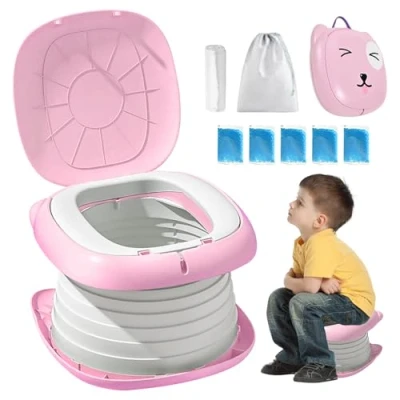 Immagine di Sedile WC per Bambini, Pieghevole WC, Vasino da Viaggio Portatile, Vasetto, Vaso Toilette (Rosa)