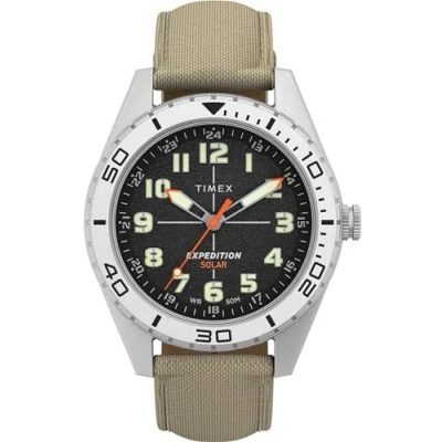 Immagine di Timex Orologio da uomo Expedition Field Solar 43 mm, cinturino marrone chiaro, quadrante nero, cassa in acciaio IP TW4B30700