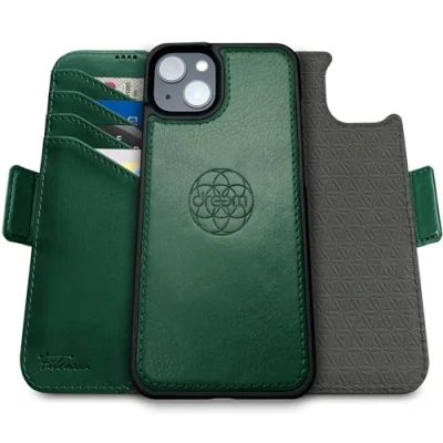 Immagine di dreem Fibonacci compatibile con iPhone 15 custodia a portafoglio/custodia antiurto 2 in 1 e folio pelle vegana staccabile, MagSafe, protezione RFID [Verde]