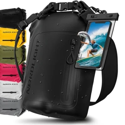 Immagine di Nordlight Dry Bag Sacca Impermeabile + Custodia per Cellulare Chiusura Arrotolabile, Tracolla Zaino Stagna Borsa Spiaggia, Canoa, SUP, Immersioni Nero, 20 Litri