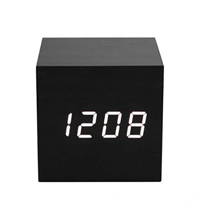 Immagine di ThreeH Sveglia LED in Legno,3 Set di Allarme,Doppia Alimentazione,Wood Cube da Tavolo Digitale,Visualizzazione Ora Controllo Vocale/Settimana/Temperatura/umidità/Data Black_White