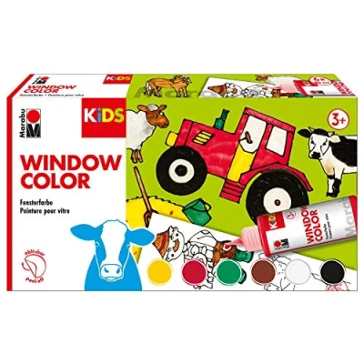 Immagine di Marabu Kids Window Color Farmer 0306000000010 Vernice per finestre, fattoria, 6 flaconi x 80 ml, modello da colorare A3, 25 motivi, pellicola A4, a base d&#039;acqua, vetro, specchi, piastrelle