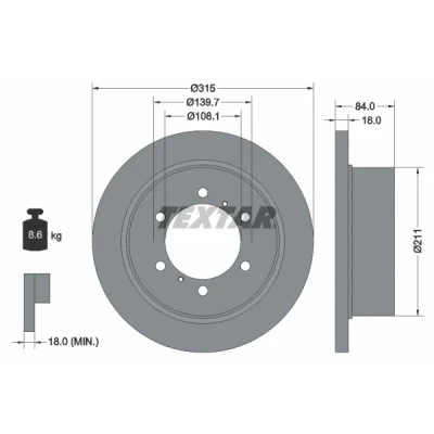 Immagine di TEXTAR 92093100 Disco freno 315 18 06/08 139,7 pieno senza cuscinetto ruota, bullone fissaggio mozzo portaruota
