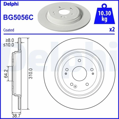 Immagine di DELPHI BG5056C Disco freno 310 10 6 pieno rivestito non trattato senza cuscinetto ruota, anello sensore ABS