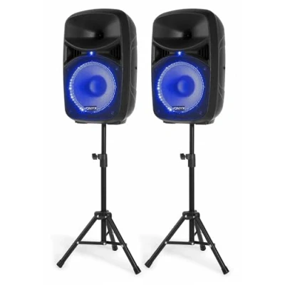 Immagine di IMPIANTO AUDIO COMPLETO SET CASSE AMPLIFICATE 600W 10&quot; DIFFUSORI KARAOKE BLUETOOTH + 2 STATIVI MICROFONO TELECOMANDO E CAVI