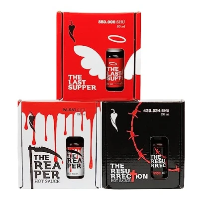 Immagine di I LOVE SPICY Set di Salsa Piccante: The Reaper, Resurrection, Last Supper; Piccante Estrema con Peperoncino Carolina Reaper e Trinidad Scorpion Moruga (3x20ml Pipetta)