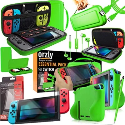 Immagine di Orzly Accessori per Nintendo Switch (Confezione Include: Custodia Switch, Copertura Giochi, Pellicola Protettiva, Grip Case Cover, Cavo USB, Cuffie) Colori di Verde
