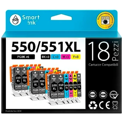 Immagine di Smart Ink Cartucce Compatibili per Canon PGI 550 550XL CLI 551 XL 551XL (PGBK &amp; BK/C/M/Y 18 Combo Pack)