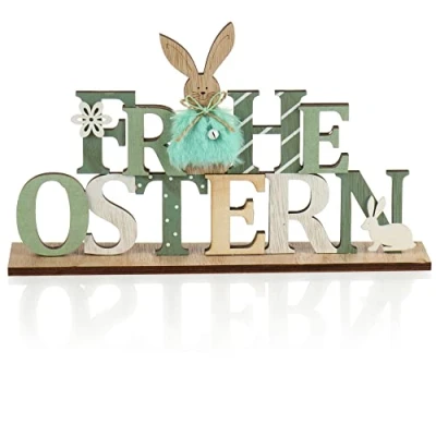 Immagine di com four® Supporto Decorativo per Pasqua Scritte con Coniglietti Pasquali Decorazione Pasquale in Piedi Legno Campane (1 Pezzo: Coniglio e Fiore)