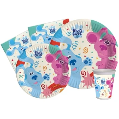 Immagine di Kit Party Tavola Blue&#039;s Clues per 8 persone (44 pezzi: piatti Ø23cm, Ø18cm, bicchieri 200ml, 20 tovaglioli 33x33cm) in carta compostabile eco friendly