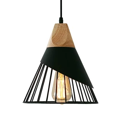 Immagine di Lampada a sospensione Vintage,Lampada Nera moderna E27,Lampada industriale retrò,Lampada in legno,Lampadario creativo per cucina,bar,ristorante,sala da pranzo,dormitorio
