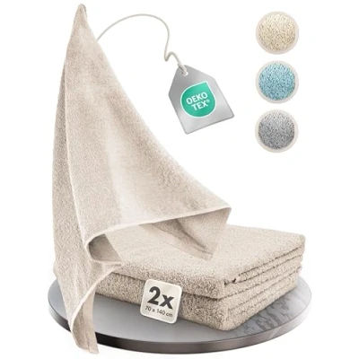 Immagine di homewell Set di asciugamani morbido e assorbente, 100% cotone, Oeko Tex 100 certificato (2 da bagno 70x140 cm, Beige)