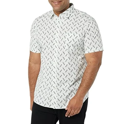 Immagine di Amazon Essentials Camicia in Popeline a Maniche Corte Slim Uomo, Blu Chiaro Stampa Uccello, XXL