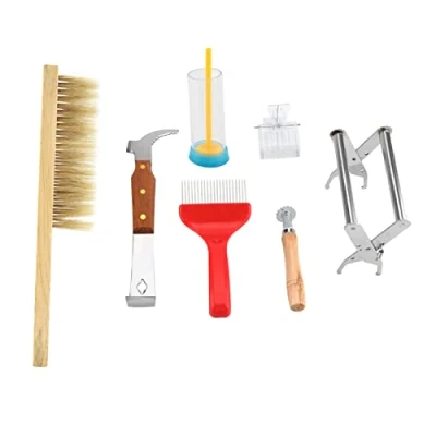 Immagine di 7 pezzi kit di apicoltura kit, attrezzature durevole set completo bee hive strumento apicoltore con spazzola ape regina gabbia marcatura