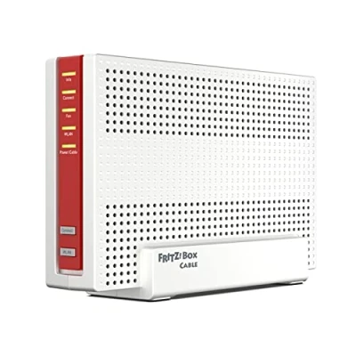 Immagine di AVM FRITZ! cavo Box 6690 (modem via DOCSIS 3.1, Wi Fi 6 4x4 (WLAN AX) con 4.800 Mbps (5 GHz) + 1.200 (2,4 GHz), 1x porta LAN da 2,5 Gigabit, USB 3.0, DECT), bianco/rosso