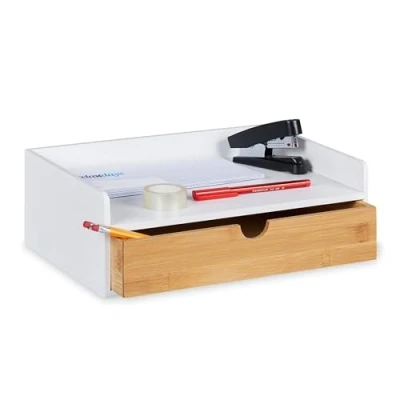 Immagine di Relaxdays Organizer da Scrivania, 1 Cassetto, Ripiano per Documenti DIN A4, bambù, HLP: 11 x 32 22 cm, Bianco/Naturale