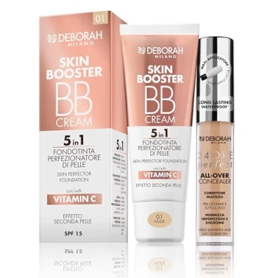 Immagine di Deborah Milano Set Makeup BB Cream Skin Booster, SPF 15, 01 Nude, con Vitamina C, Effetto Seconda Pelle, 30ml e Correttore Fluido 24 Ore Perfect All Over, 04 Apricot, Waterproof Long Lasting, 5.5gr