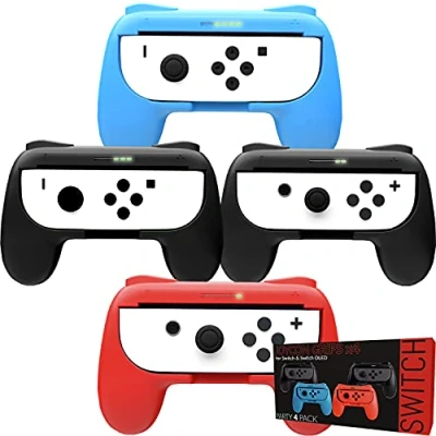 Immagine di Orzly Switch Controller Grip (Confezione 4X per Controllers JoyCon Nintendo Switch, Adatto Multi Giocatore videogiocci, Como Super Smash Bros Switch) Quattro (2X Nere, 1x Rossa, Azzurra)