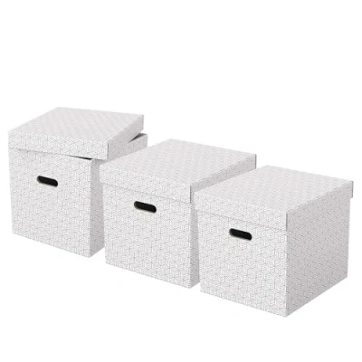 Immagine di Esselte Set di 3 Contenitori Cubici Grandi con Coperchio in Cartone Riciclato e Riciclabile al 100%, Ottimali per lo Stoccaggio l&#039;Archiviazione, Design Geometrico, 320 mm x 315 365 mm, Bianco