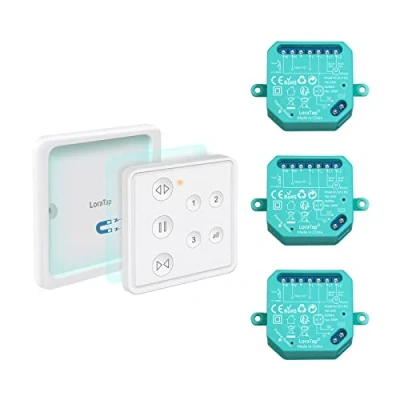 Immagine di LoraTap Interruttore Tapparelle RF a 3 Vie, Telecomando per Elettriche Funziona in Parallelo con Tenda Parete, 3pz Modulo Relè Wireless Persiane Avvolgibili 300W
