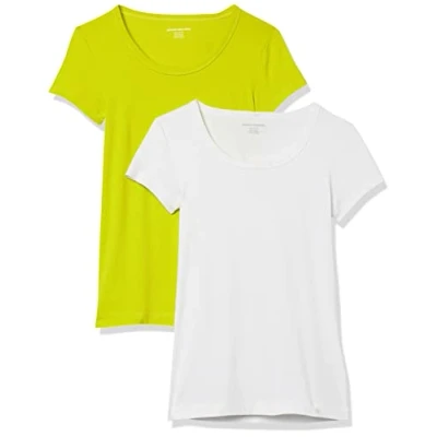 Immagine di Amazon Essentials T Shirt Aderente con Maniche Ad Aletta e Scollo Ampio Donna, Pacco da 2, Bianco/Verde Lime, XL