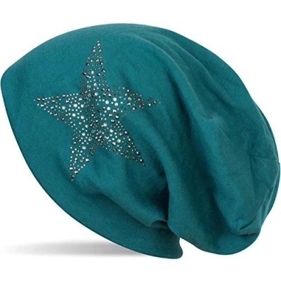 Immagine di styleBREAKER Cuffia Beanie con Strass, Borchie, Stelle e Pietre Decorative di Colore Argento Antracite, Slouch longbeanie, Unisex 04024087, Colore:Petrolio