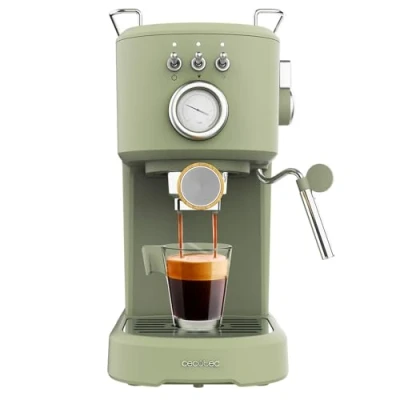 Immagine di Cecotec Caffettiera Espresso Compact Power 20 Retro Green. 1100 W, bar, sistema Thermoblock, vaporizzatore orientabile, braccio portafiltri con doppia uscita e 2 filtri, 1,25 litri