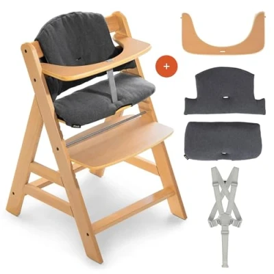 Immagine di hauck Seggiolone Alpha Plus Pappa in Legno Evolutivo con Imbracatura a 5 punti, Barra di Protezione e Cuscino Premium (Legno/Charcoal)