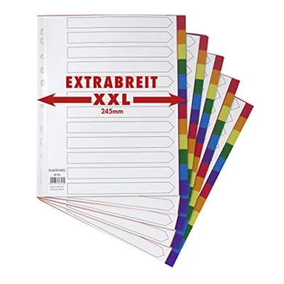 Immagine di Set di 5 divisori XXL da 12 pezzi, extra larghi, in robusto PP, formato DIN A4+, con copertina robusta carta per scrivere. Fogli larghi organizzare i raccoglitori ufficio