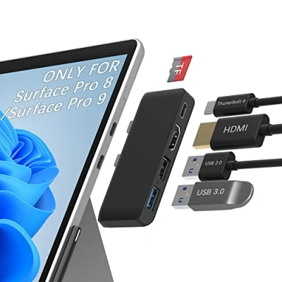 Immagine di 5 in 2 Surface Pro 8 Adattatore con HDMI 4K, USB C Thunderbolt 4 (Display+Dati+Ricarica PD), 3.0+2.0, Lettore di schede TF, Hub Triplo Display per Microsoft