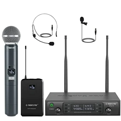 Immagine di Phenyx Pro Microfono Wireless Professionale con Doppio Set di Microfoni a Mano/Bodypack/Headset/Lapel, 2x100 Canali UHF, Raggio 328ft, Cordless per Canto, Chiesa (PTU 71 1H1B)