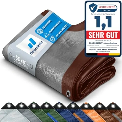 Immagine di Floordirekt Telone protettivo di copertura, per campeggio, barche, giardino e attività all’aperto, impermeabile, con occhielli, 8 x 14 m, 112m², 80 g/m², marrone/argento
