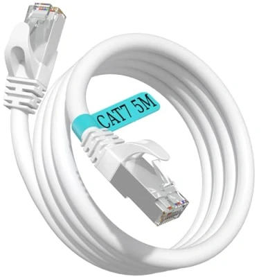Immagine di Cavo Ethernet 5 Metri Cat 7, Lan Schermato Alta Velocità 24AWG 10Gbps 600MHz Internet Gigabit Rete S/FTP Bianco Patch Impermeabile Esterno RJ45 per Router Modem Switch