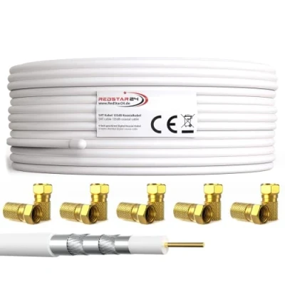 Immagine di RedStar24 Cavo Coassiale SAT 50m 135dB Digitale Classe A+ Schermatura a 5 Strati per Ultra HD 4K DVB S/S2, C/C2, T Antenna 10 Connettori F Bianco 50 Metri