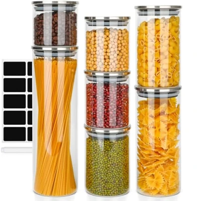Immagine di Otauoaea Barattoli Vetro con Coperchio,Set di 7 Cucina in Coperchio Acciai Inossidabili Pasta Contenitore(1300ml,700ml,400ml,1000ml,450ml,2 * 550ml)